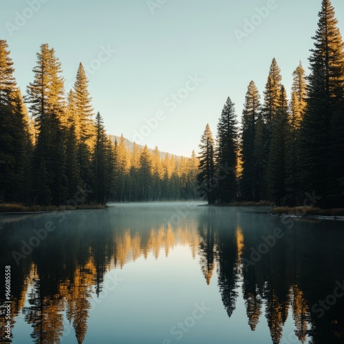 Tranquil forest lake at sunrise with mist and reflections of trees.