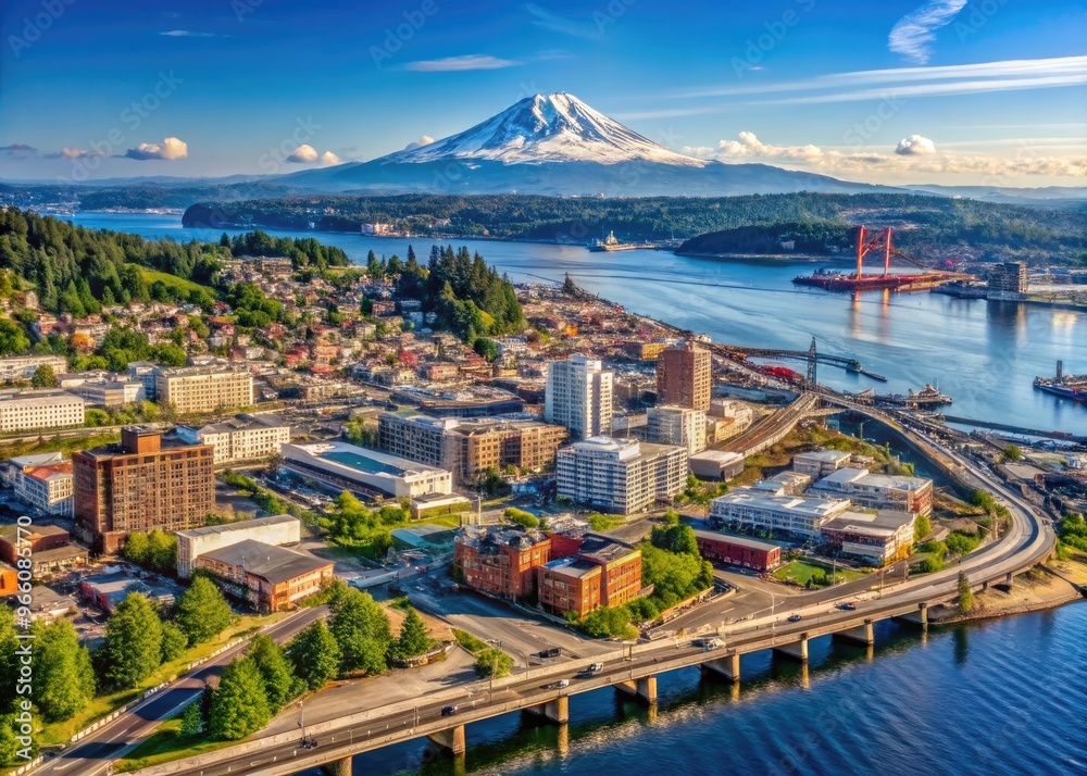 Panoramic Aerial View Of The City Skyline With Iconic Buildings, Bridges, And Mount Rainier In The Background, Showcasing The Urban Landscape Of Tacoma, Washington. Panoramic Aerial View Of The City Skyline With Iconic Buildings, Bridges, And Mount Rainier In The Background, Showcasing The Urban Landscape Of Tacoma, Washington.