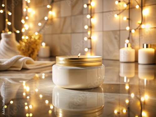 A serene, dimly-lit bathroom scene featuring a luxurious, creamy skincare product in a sleek jar, surrounded by photo