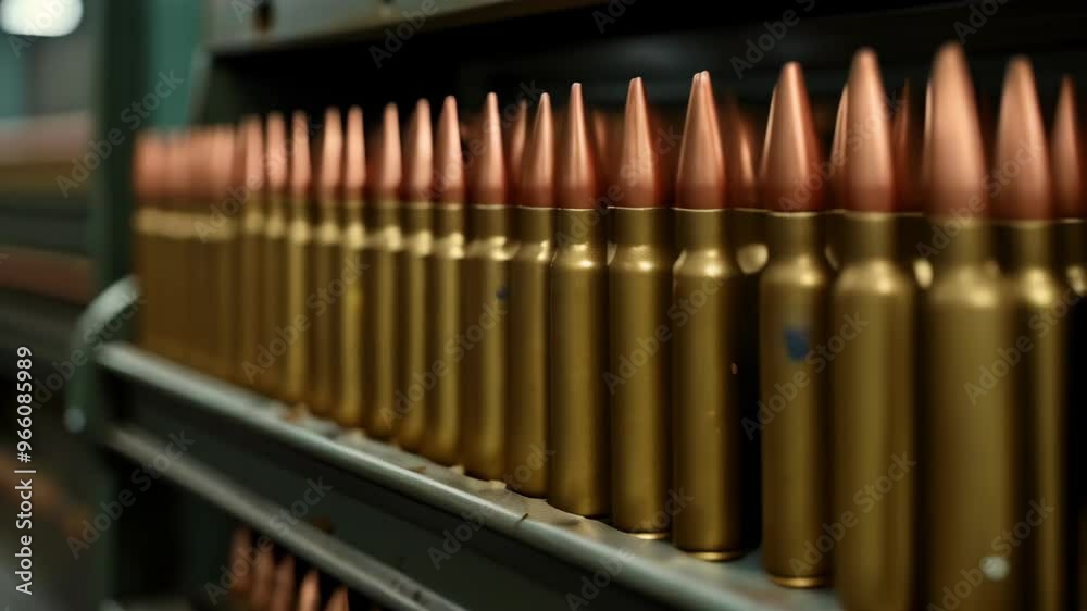 A row of bullets are lined up on a shelf A row of bullets are lined up on a shelf