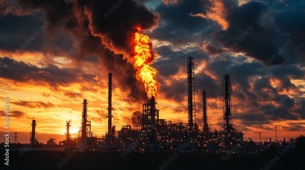 Oil Plant on Fire with Smoke and Flames Against Dark Cloudy Dusk Sky. AI generated illustration Oil Plant on Fire with Smoke and Flames Against Dark Cloudy Dusk Sky. AI generated illustration