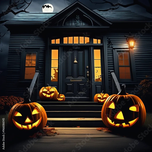 Haunting Halloween Night Scene with Glowing Pumpkins and Eerie Atmosphere