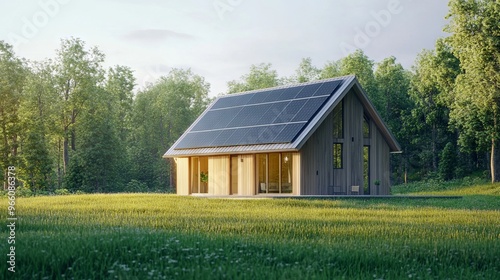 Modern House with Solar Panels on the Roof - AI generated illustration