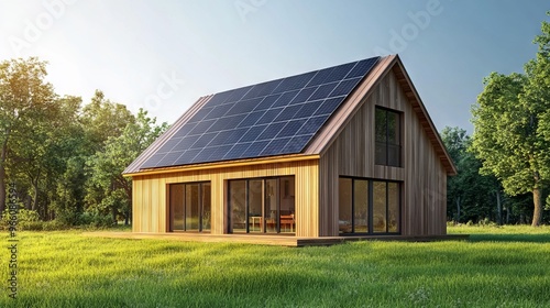 Modern House with Solar Panels on the Roof - AI generated illustration