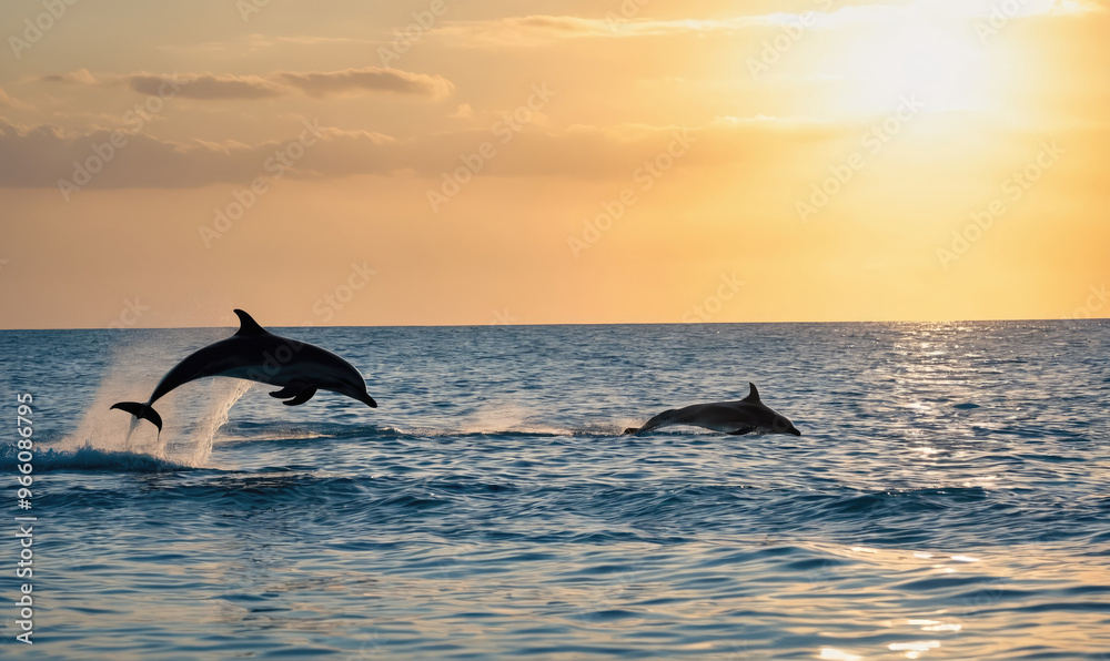 Fototapeta premium Two dolphins leap from the water during a sunset