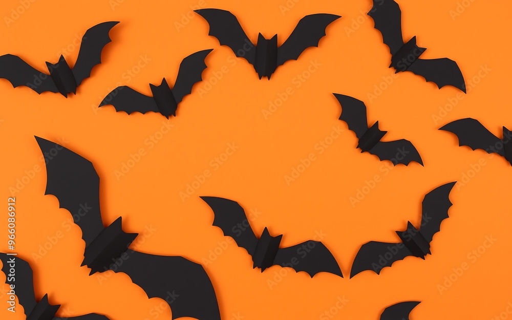 Black bats on orange background, Halloween celebration, spooky and festive.
Black bats on orange background, Halloween celebration, spooky and festive.