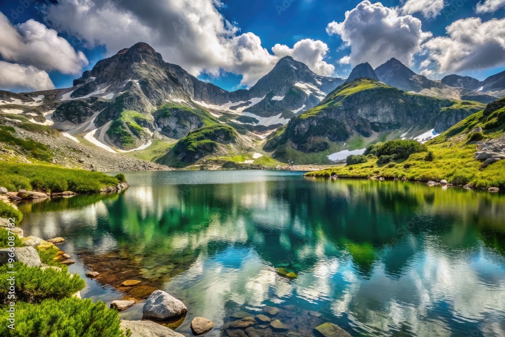 Panoramic View Of The Majestic Rila Mountain Peaks, Towering Over A Tranquil Alpine Lake Surrounded By Lush Meadows And Verdant Forests.