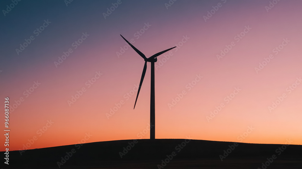 Silhouette of a wind turbine at sunset, evoking renewable energy