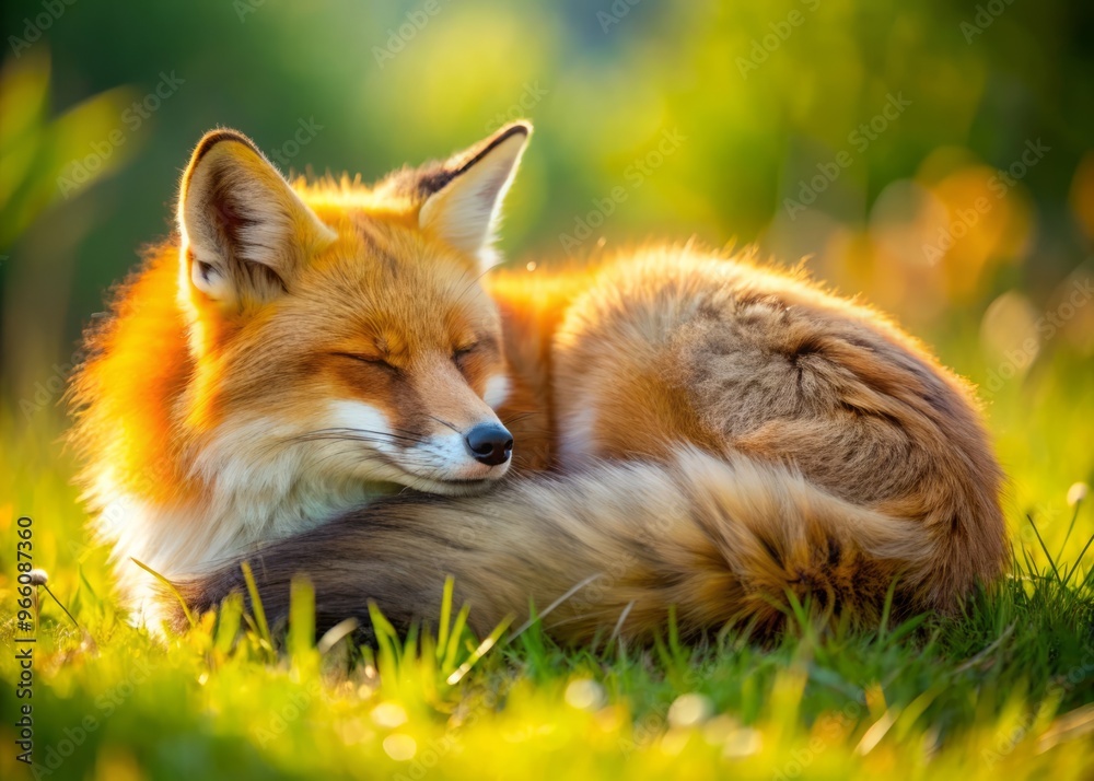A serene orange fox curls up in a sunny meadow, eyes closed, fur fluffy, and tail wrapped around A serene orange fox curls up in a sunny meadow, eyes closed, fur fluffy, and tail wrapped around