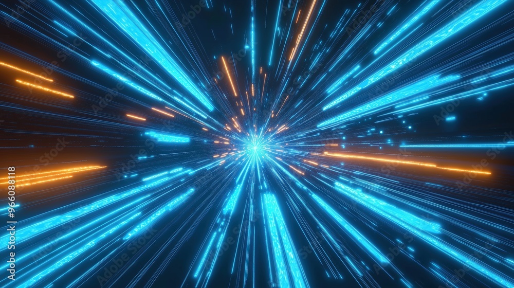 3D rendered abstract futuristic background featuring blue glowing light lines and bokeh lights in a dark space tunnel. This digital technology concept showcases high-speed motion blur effects, symboli 3D rendered abstract futuristic background featuring blue glowing light lines and bokeh lights in a dark space tunnel. This digital technology concept showcases high-speed motion blur effects, symboli