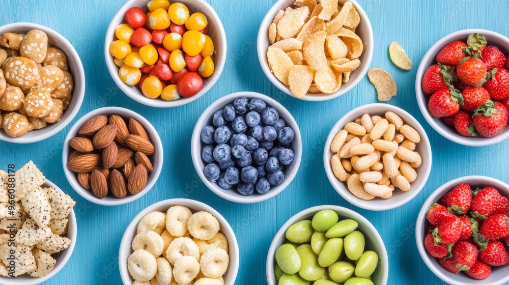 A vibrant assortment of fruits, nuts, and snacks in bowls on a blue surface, perfect for healthy eating and dietary inspiration. A vibrant assortment of fruits, nuts, and snacks in bowls on a blue surface, perfect for healthy eating and dietary inspiration.