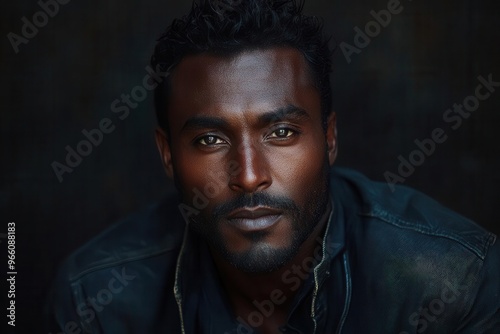 portrait of dignified man with dark skin regal posture and intense gaze set against dramatic chiaroscuro lighting