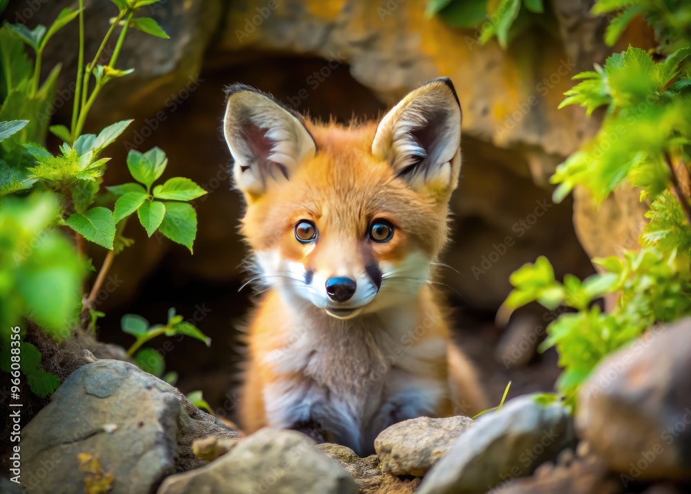 Fototapeta premium Red Fox Kit Peers Out From A Den In The Ground Surrounded By Rocks And Vegetation, With A Blurry Background.