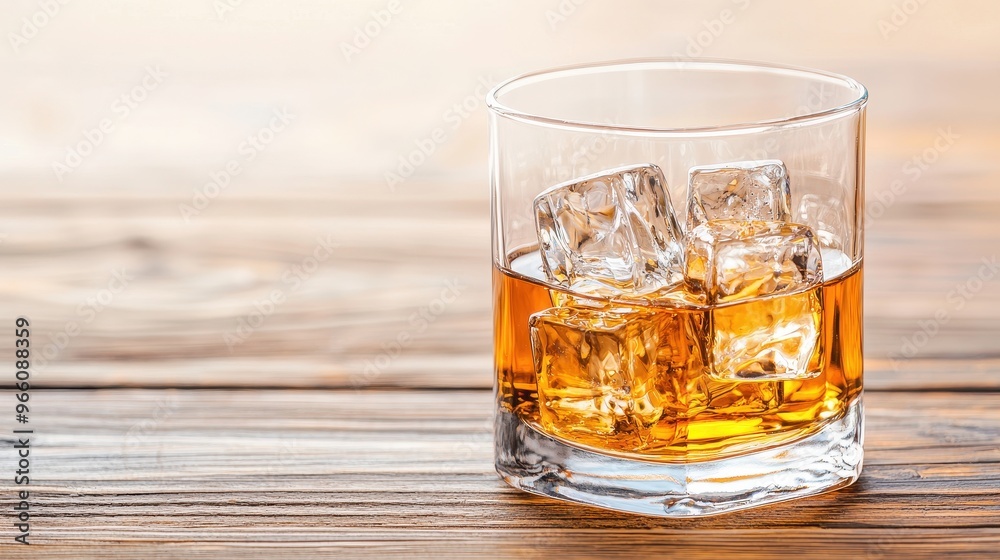 Elegant Whiskey Glass with Ice Displaying Refined Textures and Reflective Surfaces on Wooden Table Elegant Whiskey Glass with Ice Displaying Refined Textures and Reflective Surfaces on Wooden Table