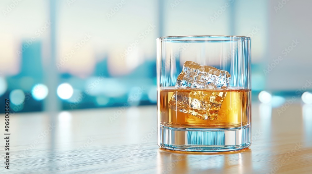 Refined Whiskey Glass with Ice on Wooden Surface, Displaying Elegant Textures and Reflections Refined Whiskey Glass with Ice on Wooden Surface, Displaying Elegant Textures and Reflections