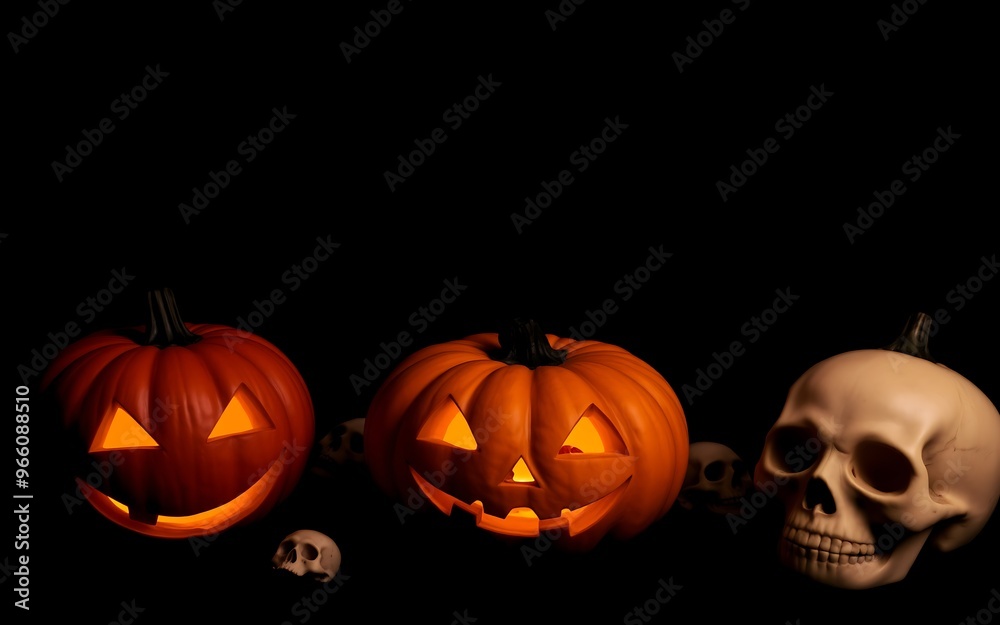Lit jack-o-lanterns and a skull create a spooky Halloween atmosphere.
Lit jack-o-lanterns and a skull create a spooky Halloween atmosphere.