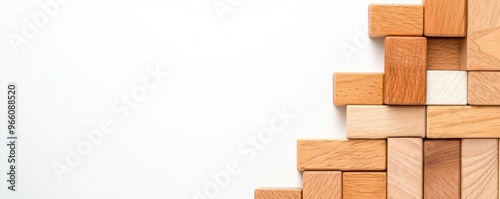 Wooden blocks forming a downward arrow, symbolizing business challenges, set against a white background High quality image with space for text Suitable for corporate risk assessmen