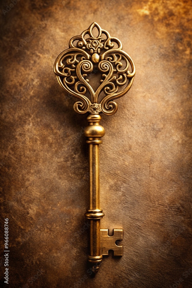 A Golden Ornamented Ancient Magic Key on a Brown Background Perfect for Fantasy and Mystery Themes