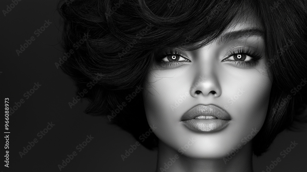 Fototapeta premium A stunning black and white close-up of a model with a sophisticated hairstyle, her pose reflecting grace and poise, the realistic shading and lighting accentuating the natural beau