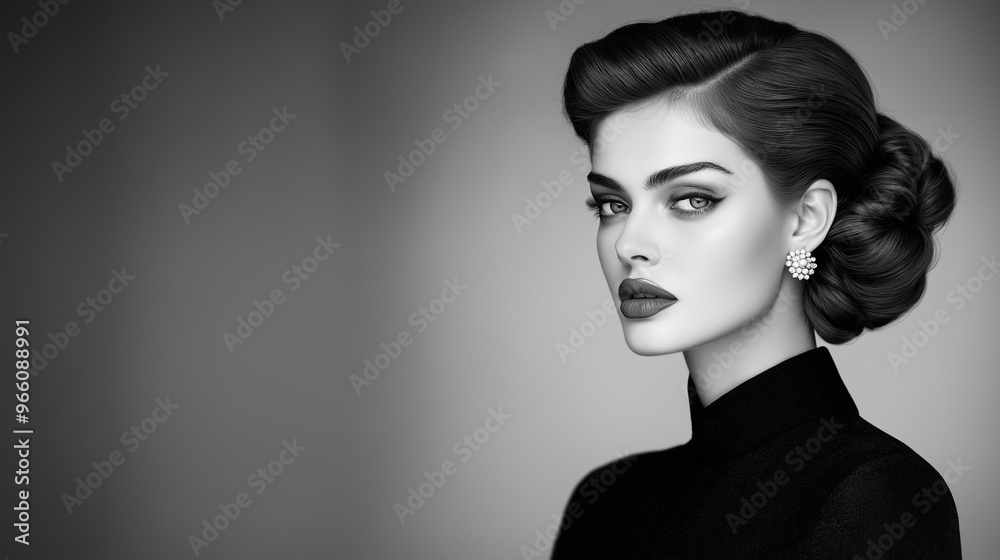 Fototapeta premium A beautiful model with an elegant updo hairstyle, captured in a realistic black and white photograph, her pose exuding timeless sophistication, with soft shadows emphasizing her re