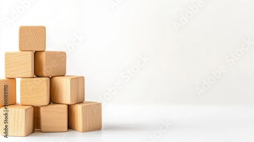 Wooden blocks with business related icons, arranged in a circular pattern on a white background Clean and professional with space for text Perfect for marketing and branding materi photo