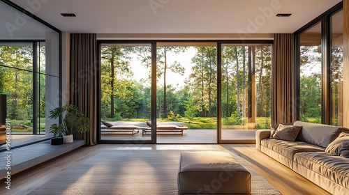 Modern living room with large glass windows overlooking a forested area