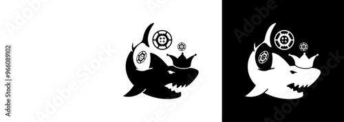 Digitally designed Vector Shark on computer and bitcoin in selective focus. The concept of high demand by investors for cryptocurrencies. Cryptocurrencies, stock market, blockchain, digital money.