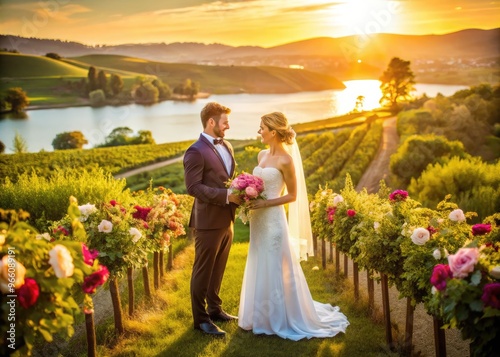 Romantic couple exchanging vows in a lush vineyard at sunset, surrounded by blooming flowers, with a sparkling lake and rolling hills in the background. photo