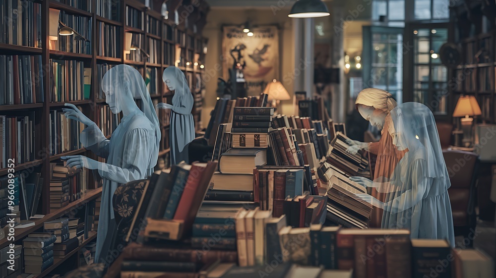 Ghostly figures browse a library filled with books, evoking a sense of mystery and the timeless allure of knowledge.
Ghostly figures browse a library filled with books, evoking a sense of mystery and the timeless allure of knowledge.