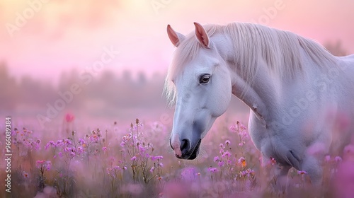 A Horse in a Flowering Field at Dawn, Analyze the peaceful beauty of a horse standing in a flowering field, bathed in the soft, pinkish light of dawn. photo