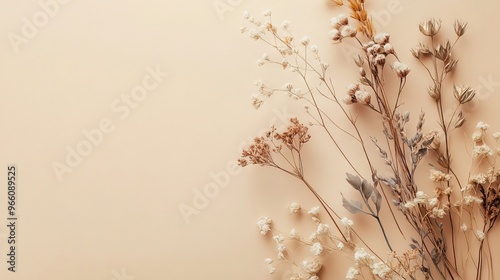 Rustic Autumn Floral and Dried Plant Arrangement on Beige Background, Minimalistic and Moody Flat Lay. AI generated illustration