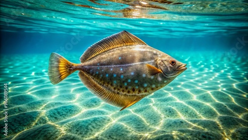 A sleek flounder fish swims effortlessly through the transparent turquoise water, its delicate fins and scales catching photo