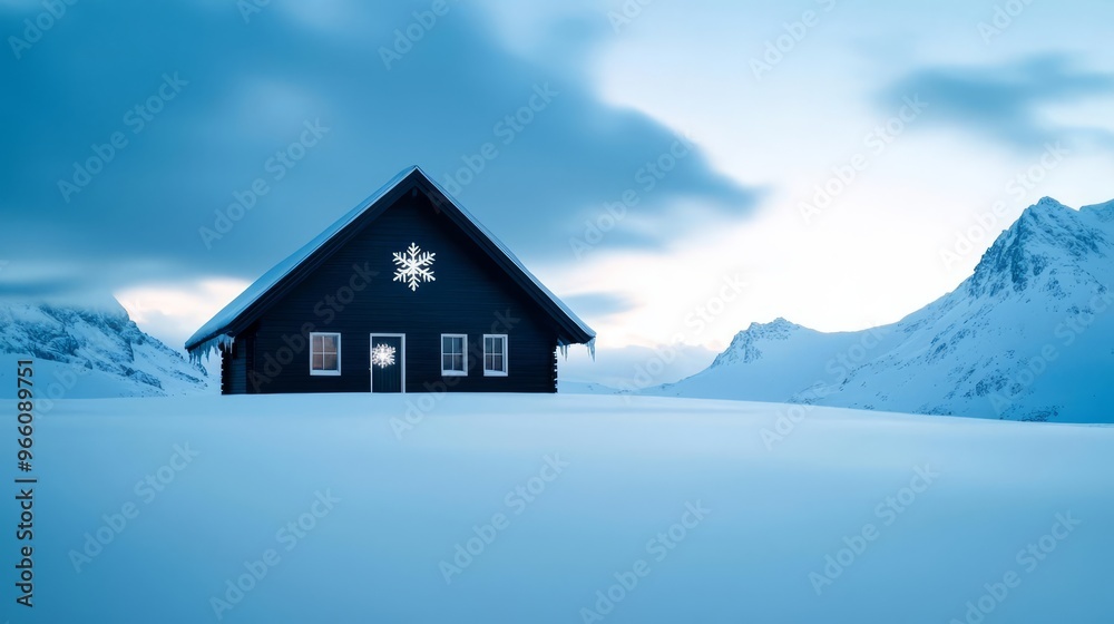 A remote cabin under a snow-filled sky focus on, copy space, bright contrasts, Double exposure silhouette with snowflakes A remote cabin under a snow-filled sky focus on, copy space, bright contrasts, Double exposure silhouette with snowflakes
