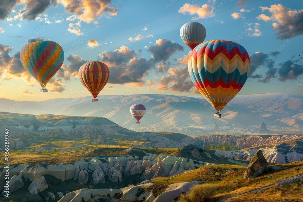 Fototapeta premium Balloon Tourism, Air Balloons in Sky, Mountain Landscape with Ballooning, Turkey Landscape