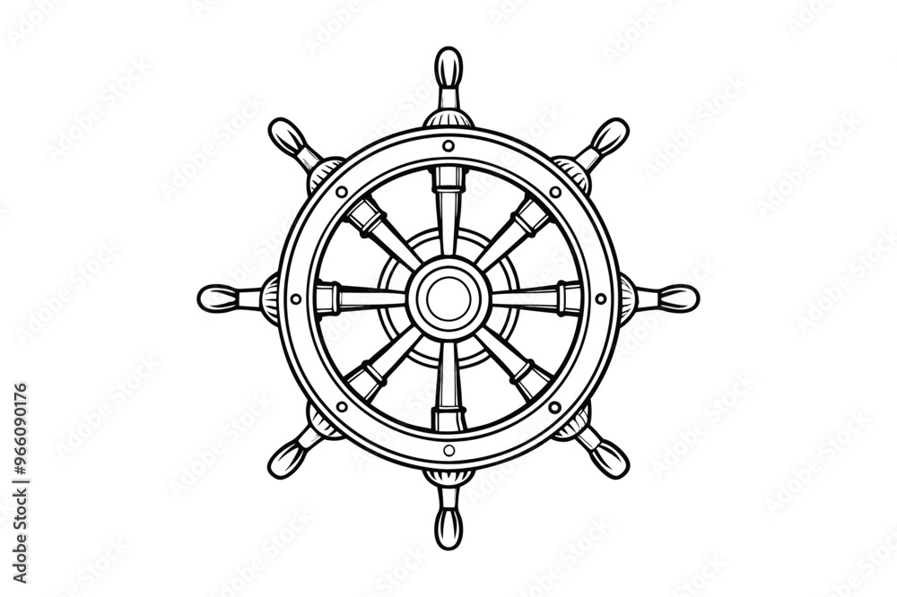 Fotografie Ship Wheel vintage vector line art illustration
