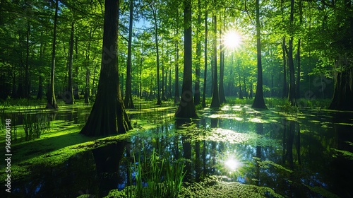 Sunlight filtering through trees in a tranquil forest
