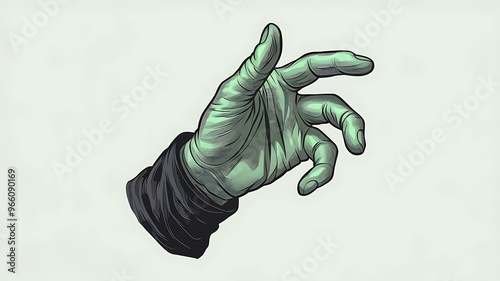 A green hand reaching out, a graphic style, a concept of mystery and suspense, perfect for a Halloween or horror themed project. 
 photo