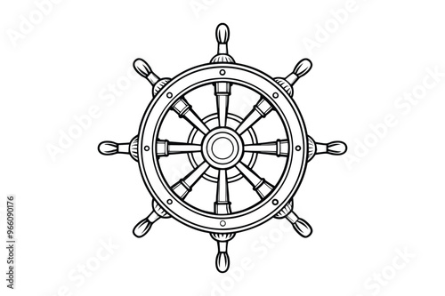 Ship Wheel vintage vector line art illustration