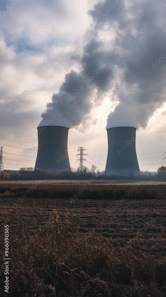 Nuclear power plant towers emitting steam into the sky. Nuclear power plant towers emitting steam into the sky.