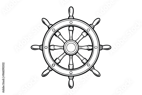 Ship Wheel vintage vector line art illustration