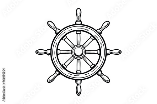 Ship Wheel vintage vector line art illustration