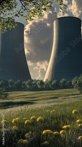 Cooling towers in lush green surroundings and sky. photo