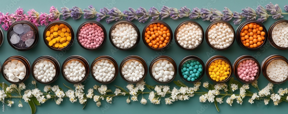 A collection of homeopathic remedies arranged with flowers and healing crystals, homeopathic remedies and crystals, holistic healing tools A collection of homeopathic remedies arranged with flowers and healing crystals, homeopathic remedies and crystals, holistic healing tools