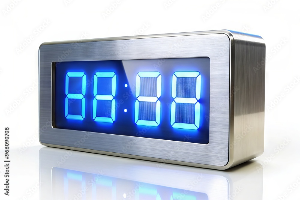 A sleek modern digital clock with a bright blue LED display sits centered on a pure white background, A sleek modern digital clock with a bright blue LED display sits centered on a pure white background,