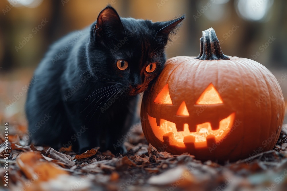 Cute black cat, sitting next to a spooky jack-o-lantern. Halloween season. Funny adorable cat. Cute black cat, sitting next to a spooky jack-o-lantern. Halloween season. Funny adorable cat.