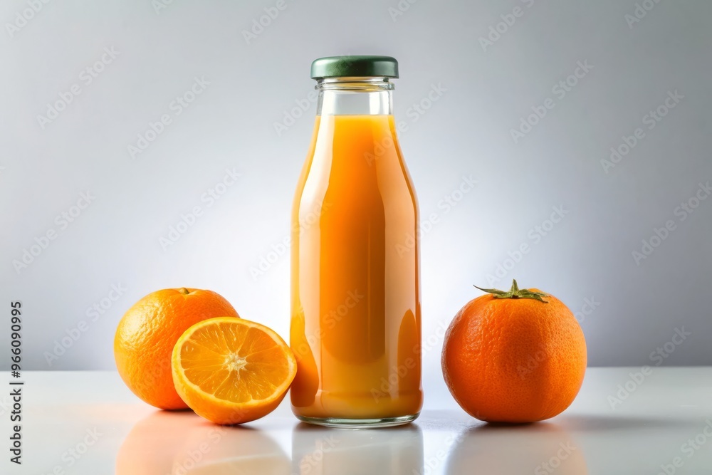 A sleek, modern glass bottle with a vibrant orange label and matching cap, filled with refreshing juice, sits A sleek, modern glass bottle with a vibrant orange label and matching cap, filled with refreshing juice, sits