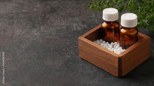 Close-up of a homeopathic first-aid kit, with small vials of remedies for common ailments, homeopathic first-aid kit, natural emergency care