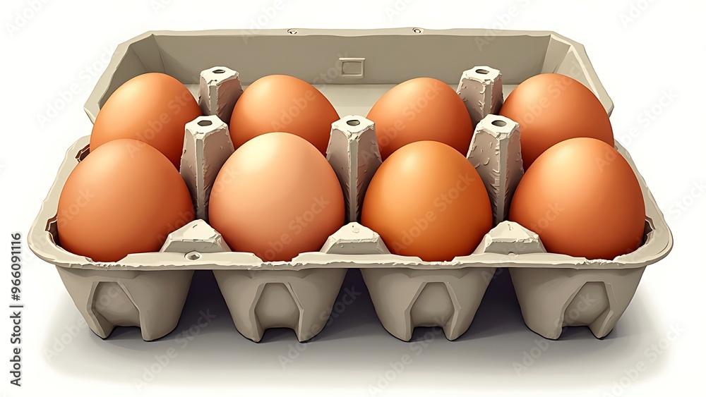 An open egg box containing ten brown eggs is isolated on a white background, emphasizing fresh organic chicken eggs stored in a carton pack with ample copy space provided. An open egg box containing ten brown eggs is isolated on a white background, emphasizing fresh organic chicken eggs stored in a carton pack with ample copy space provided.