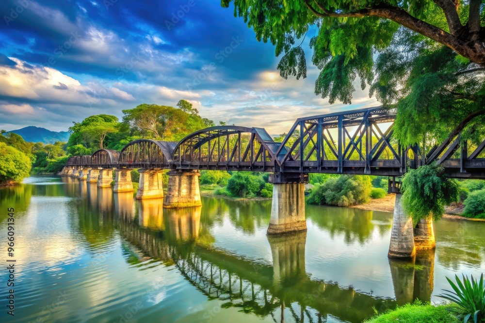 Scenic riverbank in Kanchanaburi Province, Thailand, featuring a historic steel bridge spanning the serene River Kwai, surrounded by lush greenery and towering trees. Scenic riverbank in Kanchanaburi Province, Thailand, featuring a historic steel bridge spanning the serene River Kwai, surrounded by lush greenery and towering trees.