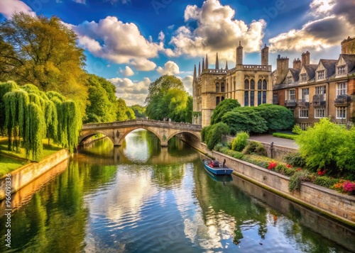 Scenic serene River Cam winds gently through historic Cambridge, UK, surrounded by lush greenery, ornate bridges, and charming collegiate architecture on a sunny afternoon. photo